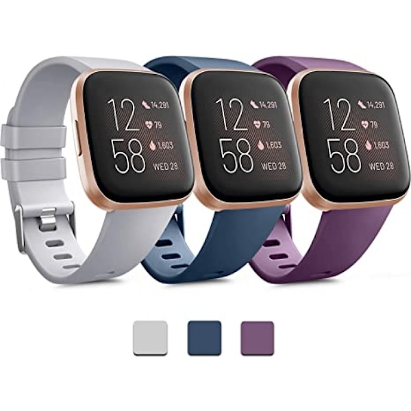3-PACK Mjuka Silikonband för Fitbit Versa 2 / Fitbit Versa / Fitbit Versa Lite Klassiska Justerbara Sportband för Kvinnor Män Små Stora (Utan Tra
