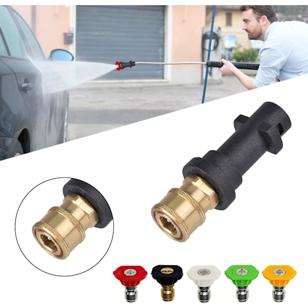 Trykkvaskersadapter for Karcher K2 K3 K4 K5 K6 K7, Karcher hurtigkoblingsadapter med 5 dyser i ulike grader, 1/4'' 2,5 GPM 3000 PSI