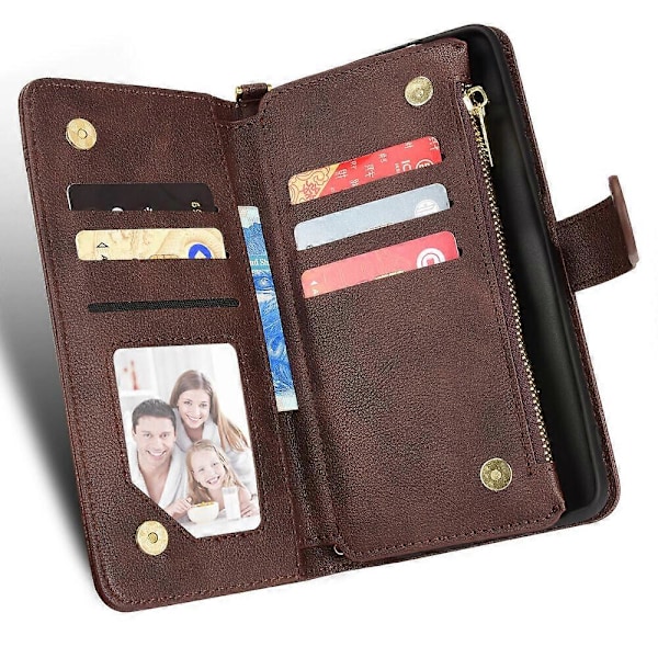 Etui til Motorola Edge 20 Fusion Beskyttelse Lynlås Magnetisk Tegnebog Kortholder PU Læder Flip Etui Brun{GKS} Brown A