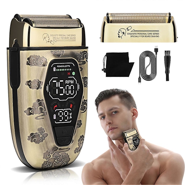 Barbermaskin for menn, for skallet hode, digitalt display, elektrisk frem- og tilbakegående barbermaskin, tre hastigheter, full metallkropp, LCD-strømdisplay, dobbel netting frem- og tilbakegående