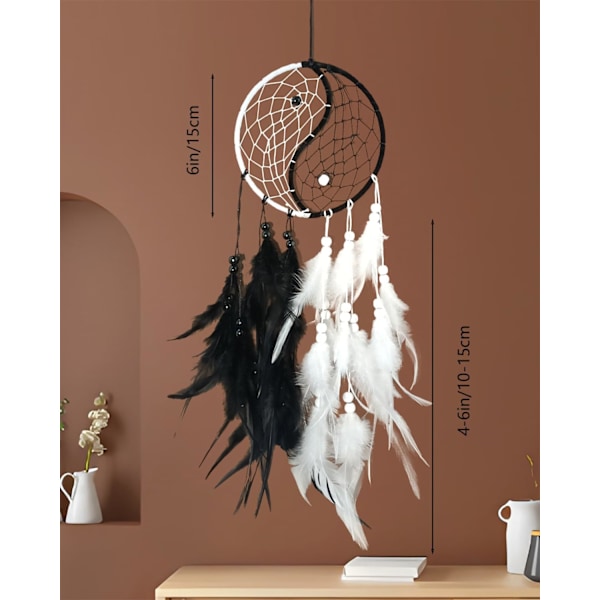 Drømmesnapper Håndlavet, Tai Chi Drømmesnapper Sort og Hvid Fjer Væghængning, Hjem Ornamenter Håndværk Bil Hængende Dekoration Ornament