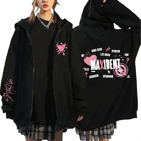 Koreansk Mode Stray Kids Maxident Lynlås Hættetrøje Mænd Kvinder Cardigan Lynlås Jakke Hættetrøjer Par Casual Mode Sweatshirts Sort xxl