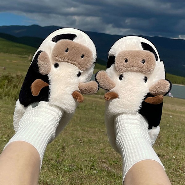 Fuzzy Cow Slippers Cute Warm Cozy Cotton Shoes Animal Shape Slip-on Slippers For Women Girl Winter(M)