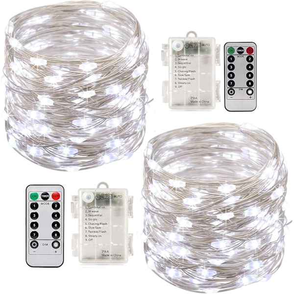 2 x 10m Batteridrivna LED-ljusslingor 100 LED-lampor Timerfunktion med Fjärrkontroll IP65 för Jul, Bröllop, Fest, Hem, Trädgård White light