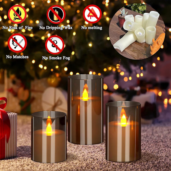 Flamlösa stearinljus Set om 3 Akrylglaspelare 3\" Diameter Batteridriven Flimrande Grått Ljus grey