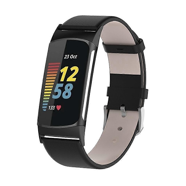 Klockarmband Läderarmband Armband Kompatibelt med Fitbit-Charge 5 Kompatibelt med Smart Armband-WELLNGS Black
