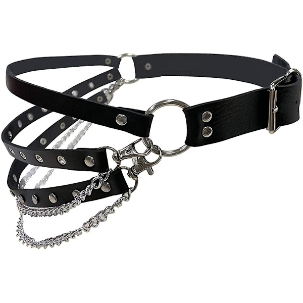 Punkbälten O-ringar Kedjor Goth Rock Steampunk Stil Hängslen för Kvinnor Män Pu Justerbara
