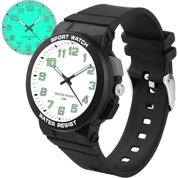 Barnklockor Pojkar Flickor, Analog Klocka med Bakgrundsbelysning, Tonåringar Barn 5ATM Vattentät Analog Klocka Mjukt Gummiband Lätt att Läsa Black&white