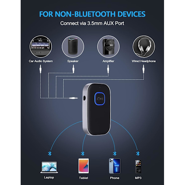 Bluetooth-mottaker for bil, støydempende 3,5 mm AUX Bluetooth-billader, håndfri samtaler, 16 timers batterilevetid - svart + sølv