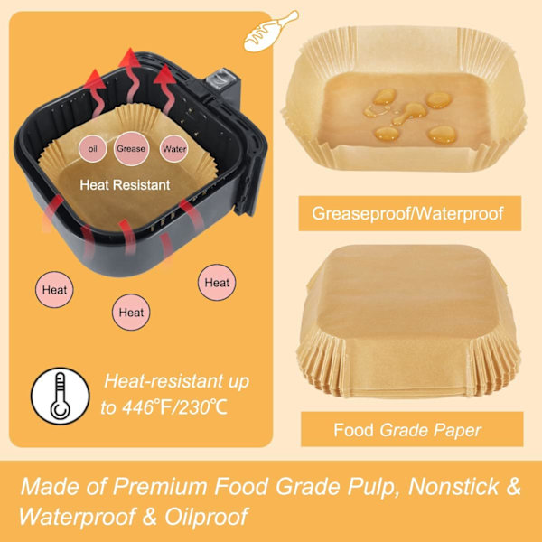 BYKITCHEN Air Fryer -paperi, 50 kpl neliön muotoisia kertakäyttöisiä vuokia, rasvankestävä air fryereille, yhteensopiva COSORI, Ninja, Tower Cosorin kanssa