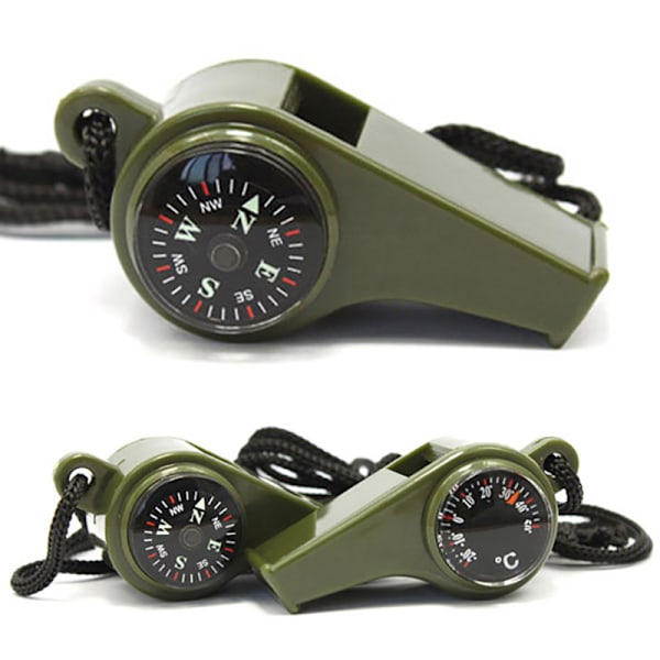 Praktisk 3 i 1 överlevnads visselpipa, kompass, termometer Dark green