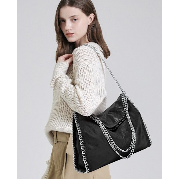 Sommarmode damväska, axelväska med kæde, stor kapacitet modepung, afslappet crossbody blød taske sammenklappelig dametaske black