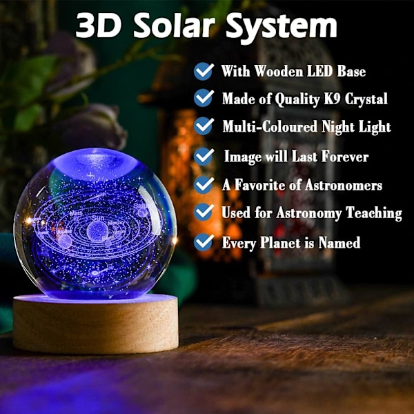 3D Solsystem Krystallkule 60mm Universgaver med Lasergravert Modell