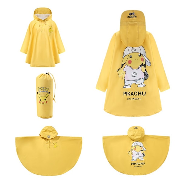 Pakke Gutte og Jente Tegneserie Vind og Snø Cape Vindjakke Elektrisk Bil Ryggsekk Les Varm Regnfrakk Regnjakke Gul Pikachu Hvit Lue(XL)