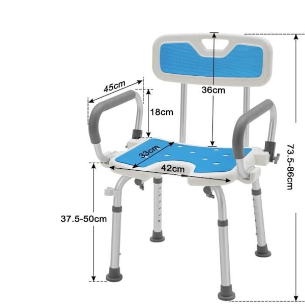 YUENFONG Suihkutuoli irrotettavilla käsinojilla ja selkänojalla, korkeussäädettävä, liukuestejaloilla, enintään 150 kg
