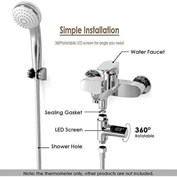 LED digital badtermometer, duschtermometer 5-85 grader realtids vattenflöde med 360° roterande skärm