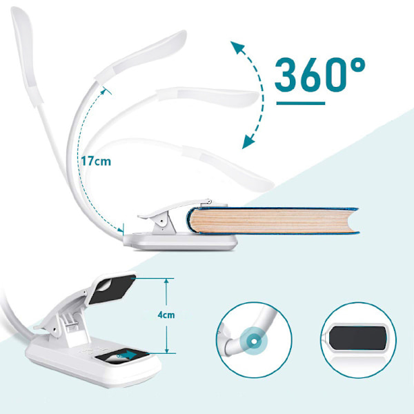 INF Leselampe, LED-boklampe med 3 lysmoduser, oppladbar White