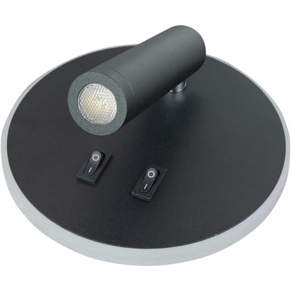 LED væglampe, sengelampe til læsning, 9W LED vægspot (3000K varm hvid) sort (rund form)