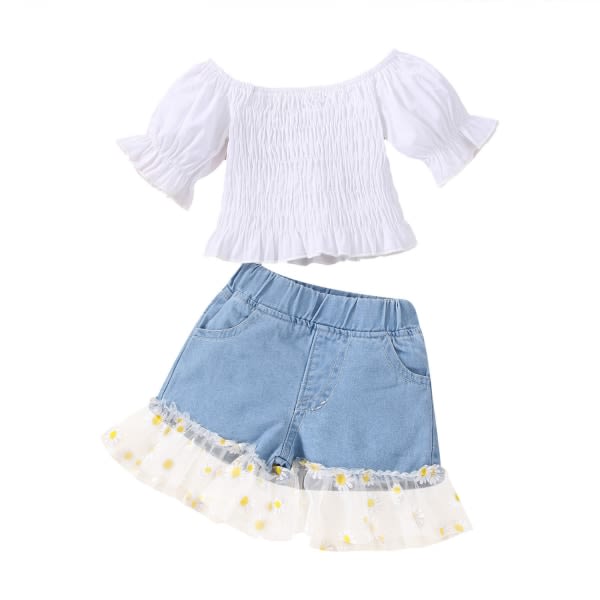AVEKI Baby Girl Kläder Span Kortärmad One Shoulder Top jeansshorts Set --- Vit（Storlek 80）