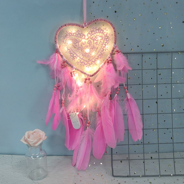 Stilfuld drømmefanger med LED lyskæde Hjerte Sha Pink 1 with light