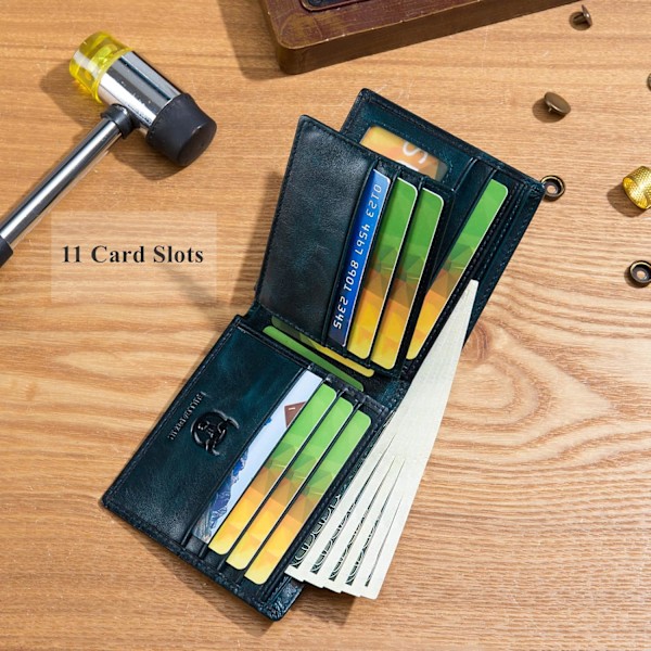 RFID Tegnebøger til Mænd Slank Bifold Ægte Læder Frontlomme Tegnebog med 2 ID Vinduer QB-05 (Påfugleblå) Peacock Blue