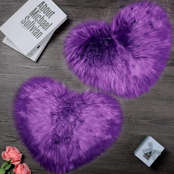 2 Piece Fluffy Faux Sheepskin Rug Heart Shaped Rugs Fluffy Bedroom Rugs for Home Living Room Sofa Floor Bedroom, 12 x 16 Inches (Purple)