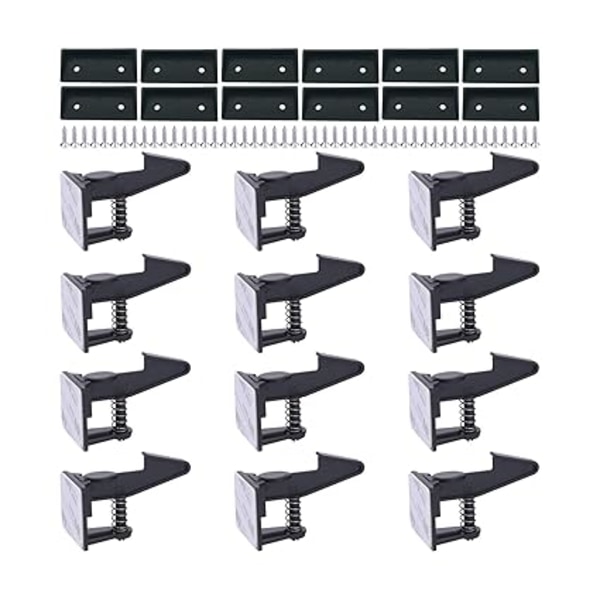 Cabinet Locks Child Safety Latches -12-Pack (Black) Baby Drawer Locks Self Adhesive Latch for Kids Safety Drawers No Drilling Tools Needed