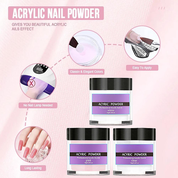 Akryl Negle Sæt med Pensel Akryl Pulver og Akryl Væske Akryl Pulver Sæt Neglekunst Manicure Værktøj