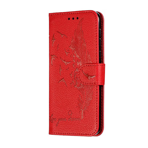 Nahkakotelo höyhenkuviolla ja litsikuviolla, vaakasuuntainen läppäkotelo lompakolla, pidikkeellä ja korttipaikoilla Motorola Moto G7 Play -puhelimelle Red