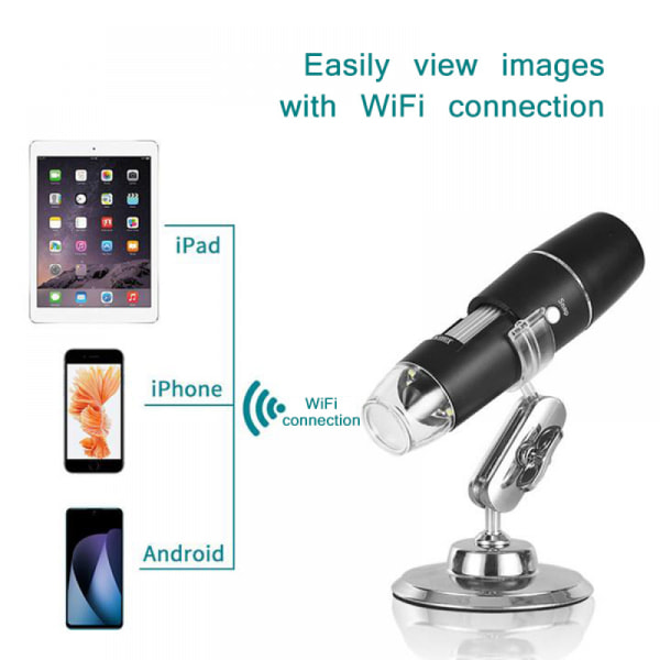 50x-1000x forstørrelse endoskop Wifi USB Hd digitalt mikroskop med LED-lys/holder, egnet til iPhone, iPad, smartphone, tablet