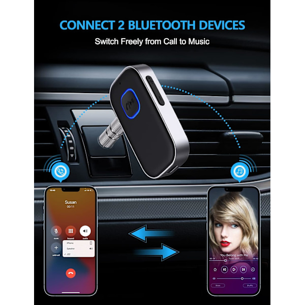 Bluetooth-mottaker for bil, støyreduserende 3,5 mm AUX Bluetooth billader, håndfrie samtaler, 16 timers batteritid - Svart+Sølv