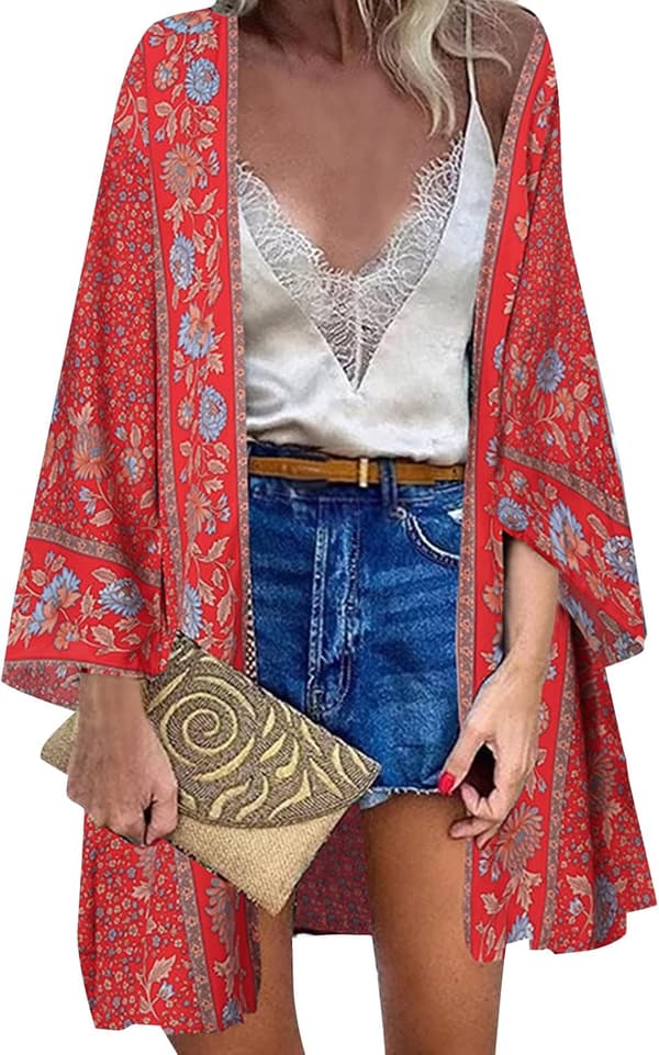 Kimono Cardigan til kvinder 3/4 ærme Chiffon Print Boheme