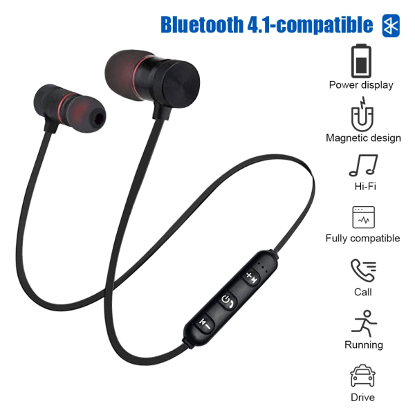 Bluetooth-hodetelefoner Magnetisk Sport 4.1 Trådløst Handsfree Headset Nakkebånd Hodetelefoner Stereo Hodetelefoner for iPhone Android Svart Black