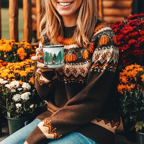 Halloween genser Boho gresskar strikkede gensere kvinner kaffe ekstra stor large