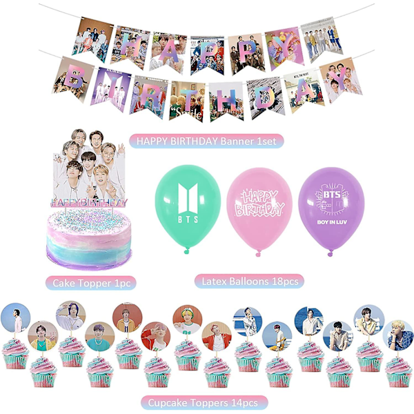 BTS-syntymäpäiväjuhlakoristeet, Kpop-syntymäpäivätarvikkeet Bangtan Boys -faneille sisältävät BTS Hyvää syntymäpäivää -bannerin, kakunkoristeet ja ilmapallot