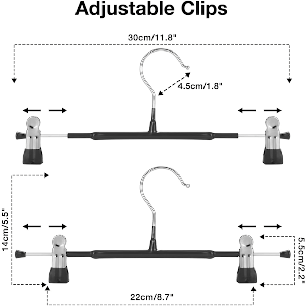 Tynde bøjler til bukser, skridsikre bøjler til bukser med justerbare clips, pladsbesparende bøjler til tøj, nederdel, jeans, frakke