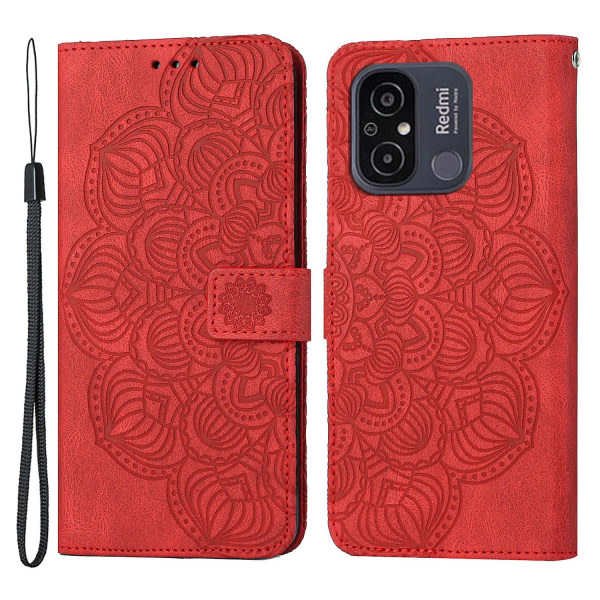 Stötsäkert phone case i läder för Xiaomi Redmi 12c 4g, Imprinting Mandala Flower Cover Stativplånbok Red