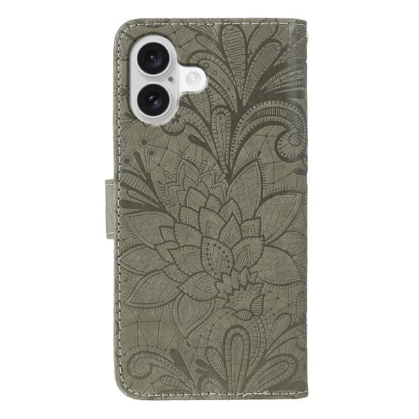iPhone 17 Lærveske med Blondeblomster og Preget Design Grå