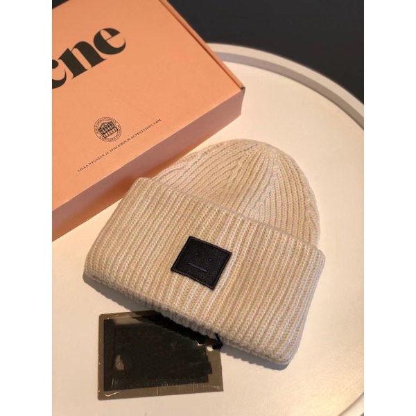 AC Smiley Uld Hat til Par - Firkantet Rullet, Høj Kvalitets Vinterhat Beige Sort Label Beige Black Label