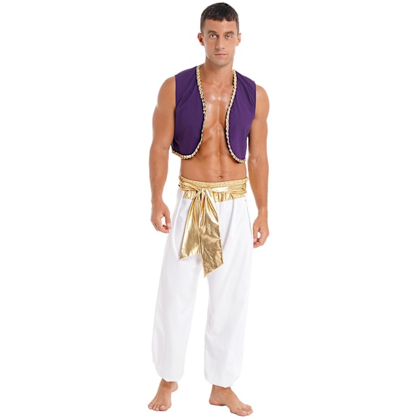 Herre Halloween Kostume Mytisk Prins Aladdin Karneval Karneval Cosplay Festtøj Sequin Trim Vest med Bukser med Bælte Høj Kvalitet Hvid B White B M