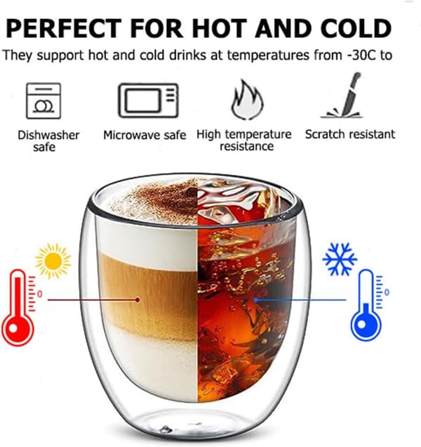 6 stk Dobbelt-væggede Glas Kopper, Transparente Dobbelt-væggede Kaffe Kopper, Dobbelt-væggede, Cappuccino, Latte og Isoleret (80ml)