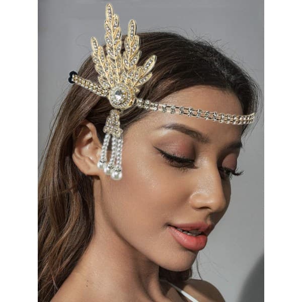 CQBB 1920-talls Flapper Pannebånd Blad Rhinestone Hodeplagg Perle Hodeplagg Great Gatsby Hårtilbehør for kvinner og jenter (Gull)_max