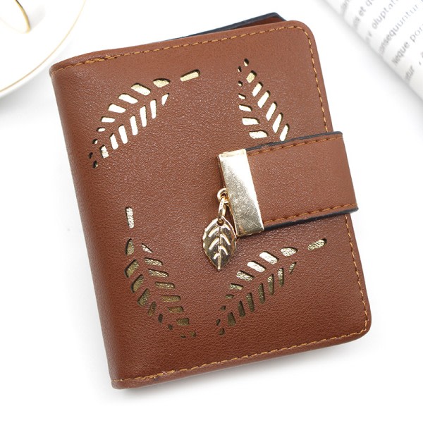 Kvinnors korta handväska Läder Medium Wallet Leaf Bifold Card Mynthållare Brown