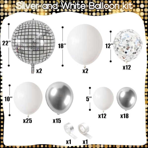Diskokula Ballongbåge Kit, Vit och Silver Ballonggirlang med 22 Tum 4D Metalliska Silver Spegelbollar