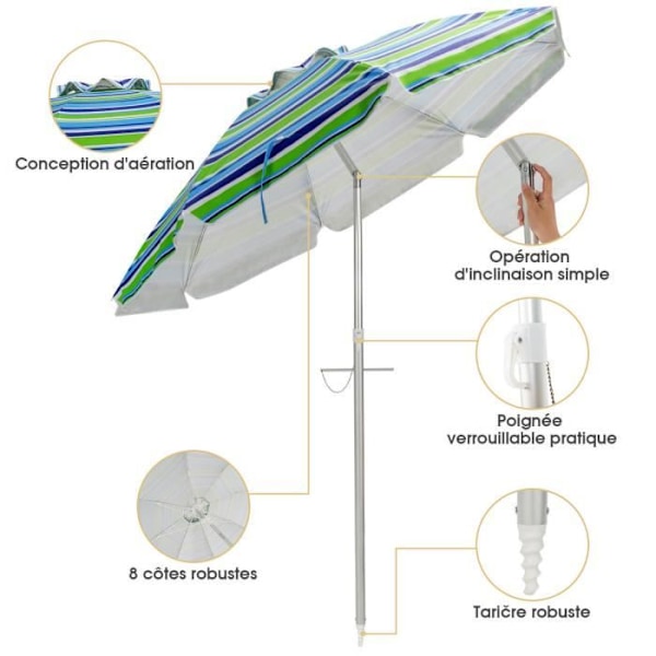 COSTWAY Sammenleggbar Strandparasoll Ø198 CM UV-beskyttelse 50+ med Trykknappveske for Terrasse Svømmebasseng Grønn