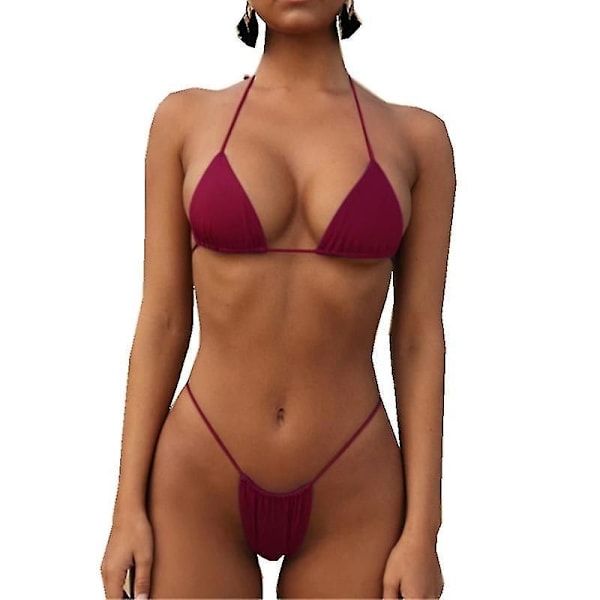 Dame Badetøj Todelt Sexy Badetøj Halter Snøre Trekant Bikini S MØR RØD DARK RED L