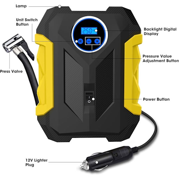 Digital Luftkompressor for Bil Auto Pumpe Bærbar Dekk Inflator med LED Lys DC