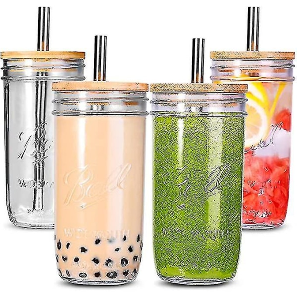Bubble Tea Cups 4 Pack 24 Oz, Reusable Wide Mason Mouth Smoothie Cups, Iced Coffee Cups