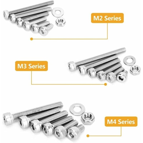 MINKUROW M2 M3 M4 Sett 1080 Stykker Rustfritt Stål Hex Socket Hode Kappe Skruer Muttere og Skiver med Oppbevaringsboks (Sølv)