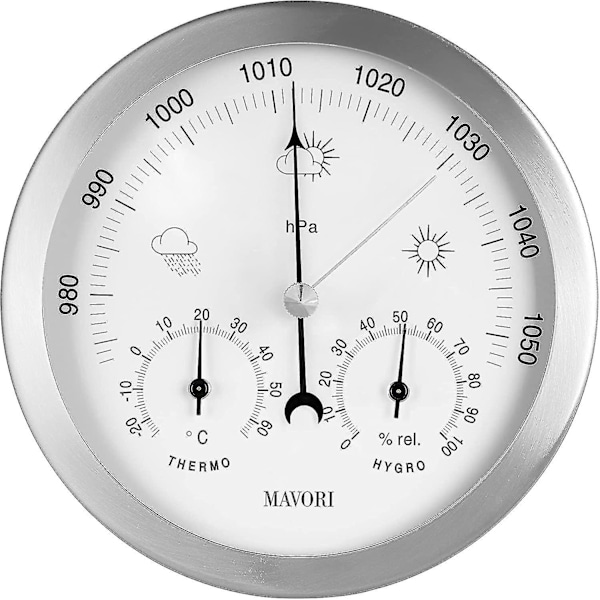 Analog indendørs/udendørs vejrstation, rustfrit stål - Inkluderer barometer, hygrometer og termometer